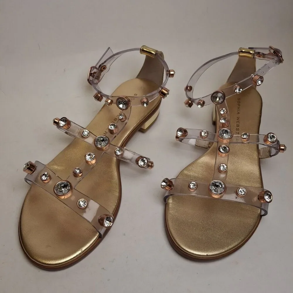 Sophia Webster Gold Dina Flat Sandal Women US5.5/ 36 Gem Studded Summer Vacation